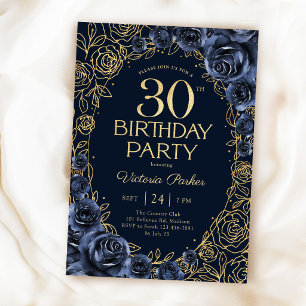 Convites Aniversário de 30 anos Floral Azul Naval Dourado