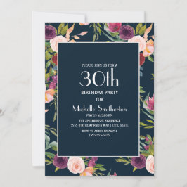 Convites Aniversário de 30 anos Floral Blush Azul
