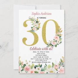 Convites Aniversário de 30 anos floral da aguarela Dourado