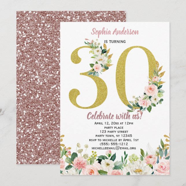 Convites Aniversário de 30 anos floral da aguarela Dourado (Frente/Verso)