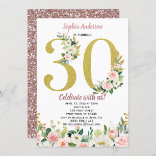 Convites Aniversário de 30 anos floral da aguarela Dourado