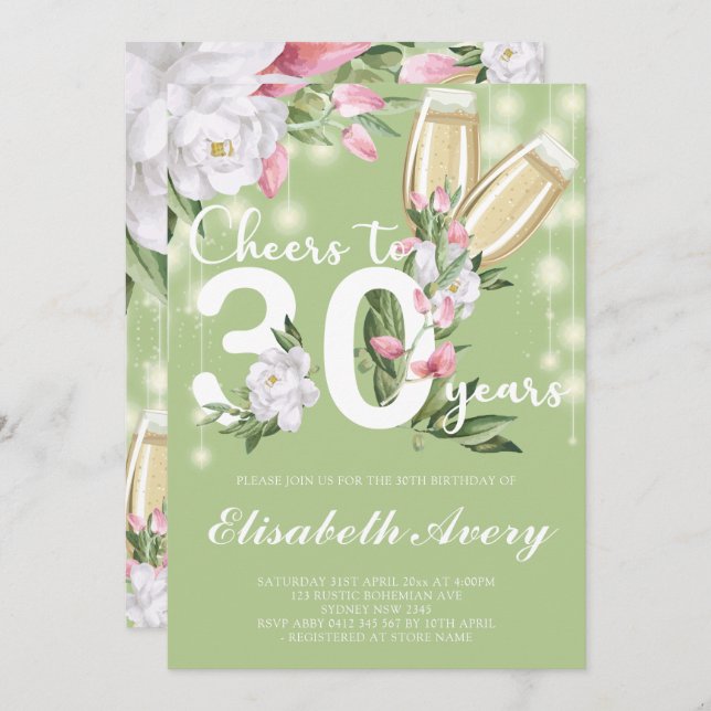 Convites Aniversário de 30 anos Floral de Champanhe Verde L (Frente/Verso)