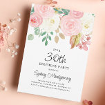 Convites Aniversário de 30 anos Floral de Cor de Água Rosa<br><div class="desc">Bonito convite de festas de aniversário de 30 anos floral cor-de-água rosa e cor-de-rosa. Flores cor-de-rosa e creme com verde e folhas de ouro. Todo o texto importante pode ser personalizado por você. Mesmo o ano de aniversário pode ser alterado para 40,  50 ou qualquer outro ano.</div>