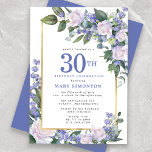 Convites Aniversário de 30 anos Floral Dourado Branco Azul<br><div class="desc">Honra uma mulher especial com este convite de festas elegante e feminina. 30 é escrito em texto azul grande. A comemoração de aniversário segue. O nome do convidado também está em letras azuis. O resto do texto é cinza de pomba mole. Os detalhes da comemoração de aniversário são cercados por...</div>