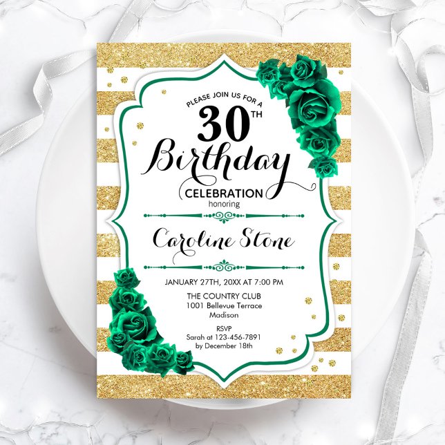 Convites Aniversário de 30 anos Floral Dourado Verde e Whit (Criador carregado)