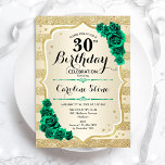 Convites Aniversário de 30 anos Floral Elegante Dourado Ver<br><div class="desc">Convite de festas aniversário de 30 anos. Elegante design verde esmeralda floral com rosas. Funcionalidades com listas de ouro de brilho inverso e letra de script. Perfeito para uma comemoração de dia das mulheres na moda. Pode ser personalizado para qualquer idade! Impressos convites Zazzle ou modelo de impressão digital instantânea...</div>