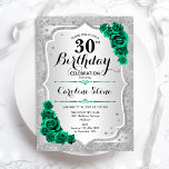 Convites Aniversário de 30 anos Floral Elegante Verde Silve<br><div class="desc">Convite de festas aniversário de 30 anos. Elegante design verde esmeralda floral com rosas. Apresenta faixas de prata com brilho inverso e fonte de script. Perfeito para uma comemoração de dia das mulheres na moda. Pode ser personalizado para qualquer idade! Impressos convites Zazzle ou modelo de impressão digital instantânea para...</div>