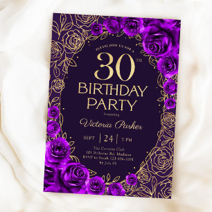 Convites Aniversário de 30 anos Floral Roxo Dourado