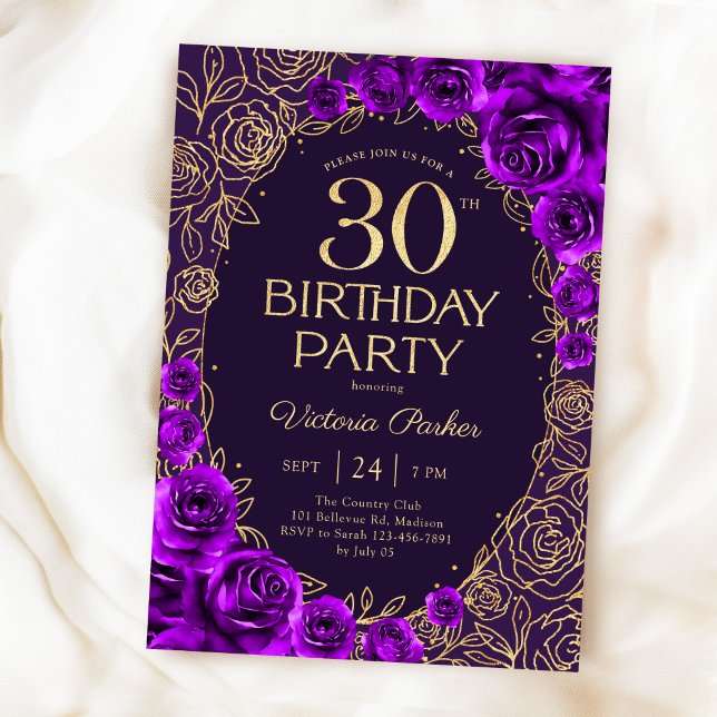 Convites Aniversário de 30 anos Floral Roxo Dourado (Criador carregado)