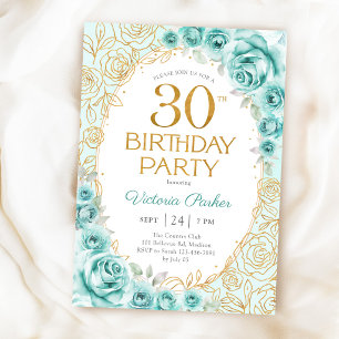 Convites Aniversário de 30 anos Floral Turquesa Dourado