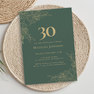 Convites Aniversário de 30 anos Floral Verde Elegante Doura