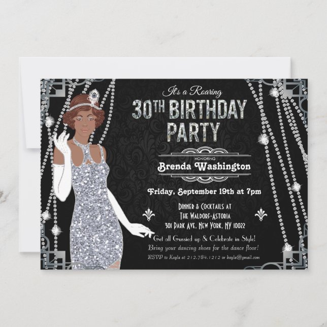 Convites Aniversário de 30 anos garota Flapper Afro-America (Frente)