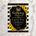 Convites aniversário de 30 anos - Girassóis - Flores branca<br><div class="desc">Convite para aniversário de 30 anos russo. Design elegante com listras pretas e brancas,  girassóis e ouro brilhante. Possui fonte de script na moda e confetti. Perfeito para uma bolsa mensageifesta de aniversario elegante. Personalize com seus próprios detalhes.</div>