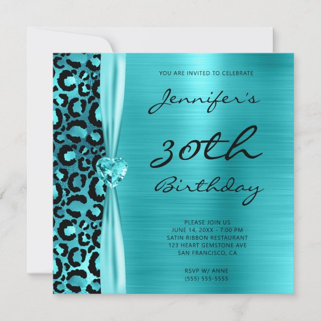 Convites Aniversário de 30 anos Glam Blue Teal Leopard (Frente)