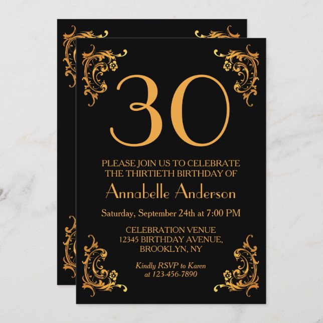Convites aniversário de 30 anos Glam Moderno, Dourado, Retr (Frente/Verso)