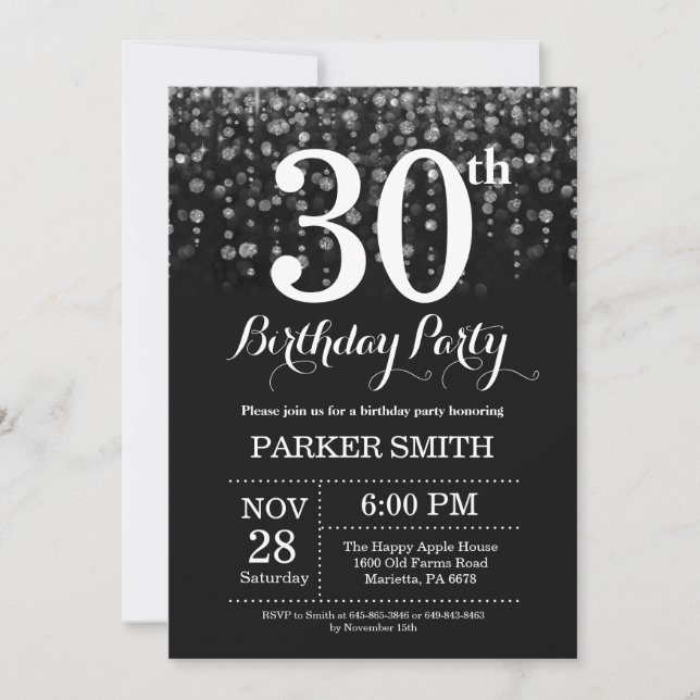 Convites aniversário de 30 anos Invitation Silver Glitter (Frente)