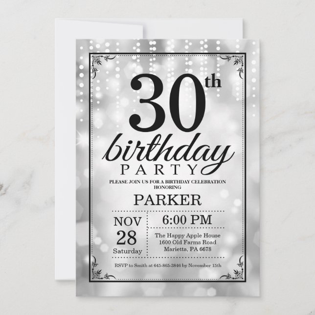 Convites aniversário de 30 anos Invitation Silver Glitter (Frente)