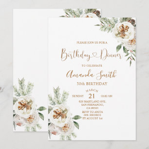 Convites Aniversário de 30 anos Jantar Floral Branco Natal 