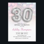 Convites aniversário de 30 anos - Luzes Rosa dos Balões de<br><div class="desc">convite de festas aniversário de 30 anos. Design elegante em prata brilhante falso com luzes cor-de-rosa e roxas pastel. O convite apresenta o número prateado 30 balões e a fonte do script. Perfeito para uma comemoração de na moda 30 dias. Envie-me uma mensagem se precisar de idade personalizada.</div>