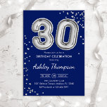Convites aniversário de 30 anos - Marinho dos Balões de Pra<br><div class="desc">convite de festas aniversário de 30 anos. Design elegante em cinza brilhante e azul marinho. O convite apresenta o número prateado 30 balões e a fonte do script. Perfeito para uma comemoração de na moda. Envie-me uma mensagem se precisar de idade personalizada.</div>
