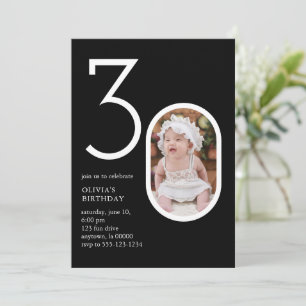 Convites Aniversário de 30 anos mínimo moderno preto chic