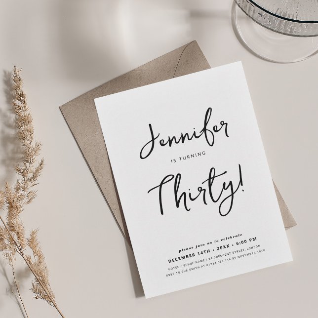 Convites Aniversário de 30 anos mínimo moderno - Script pre (Modern Minimal 30th Birthday Script Black & White Invitation)
