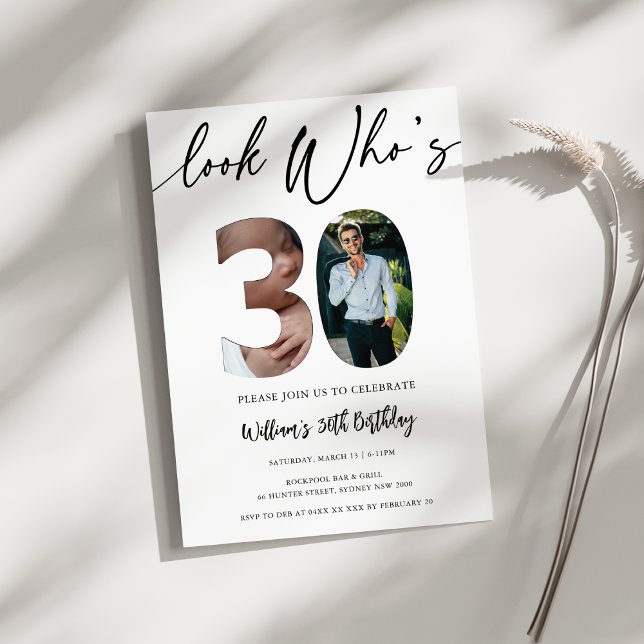 Convites Aniversário de 30 anos moderno - Olha quem tem 30  (Look Who’s 30! Modern 30th Birthday invitation for Him – 2 Photo Custom Party invitation)