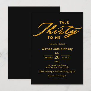 Convites Aniversário de 30 anos Moderno Preto Dourado Fale