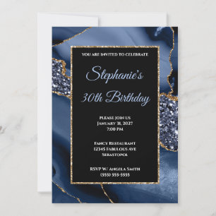 Convites Aniversário de 30 anos Navy Agate Gold Glitter Gla