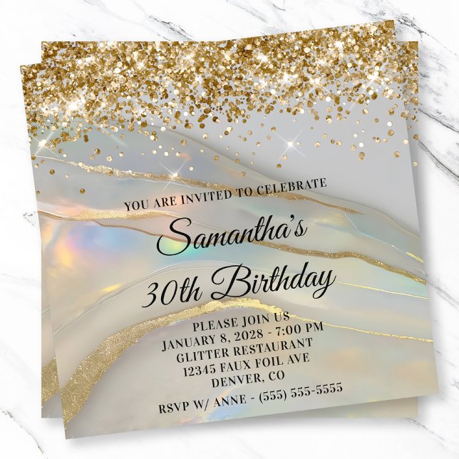 Convites Aniversário de 30 anos óptico marmoreado Dourado d (Glittery Gold Marbled Opal 30th Birthday Invitation)
