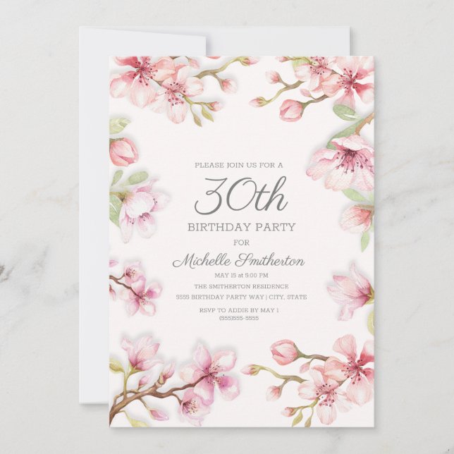 Convites Aniversário de 30 anos para mulheres com flores co (Frente)