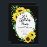 Convites aniversário de 30 anos Party Sunflower | Eucalyptu<br><div class="desc">Girassóis ensolarados e elegantes modernos e ensolarados e eucalipto verde quadro design num fundo preto editável. A parte traseira apresenta um buquê de girassol coordenado também em um fundo preto editável.</div>