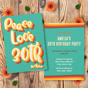 Convites Aniversário de 30 anos Paz Amor Retro Groovy Pôr d