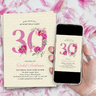 Convites Aniversário de 30 anos Peônia Rosa Número Floral 3