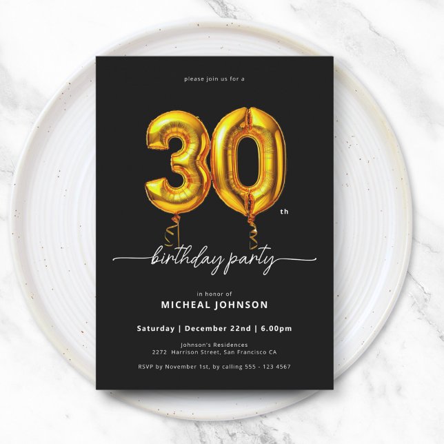 Convites aniversário de 30 anos preto Dourado (Gold Balloon Black 30th Birthday Invitation)