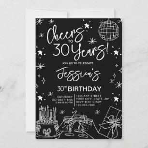 Convites Aniversário de 30 anos preto e branco elegante