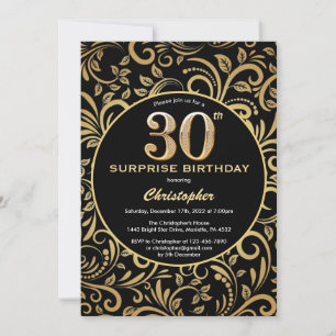 Convites Aniversário de 30 anos preto e Dourado Surpresa