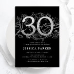 Convites Aniversário de 30 anos preto Elegante prata<br><div class="desc">Elegante convite de festas aniversário de 30 anos preto prateado. Design feminina moderna personalizável, com sotaques botânicos rosas e prata brilhante fraca. Simples cartão de convite floral perfeito para uma comemoração de um na moda. Personalize com seus próprios detalhes. Impressos convites Zazzle ou modelo de impressão digital instantânea para download....</div>