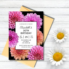 Convites Aniversário de 30 anos Preto Floral Laranja Rosa D