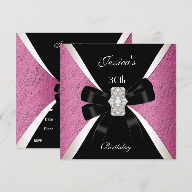 Convites Aniversário de 30 anos Preto Rosa Branco (Frente/Verso)