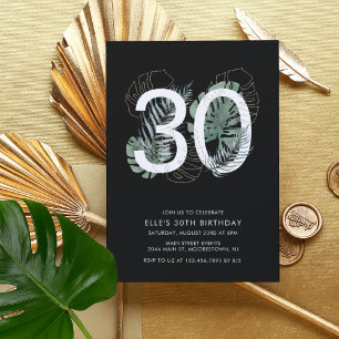 Convites Aniversário de 30 anos preto tropical moderno