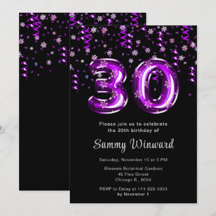Convites aniversário de 30 anos Purple Balloons Snowflati C