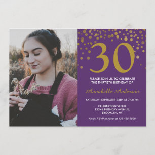 Convites aniversário de 30 anos Purple Dourado Confetti Fot