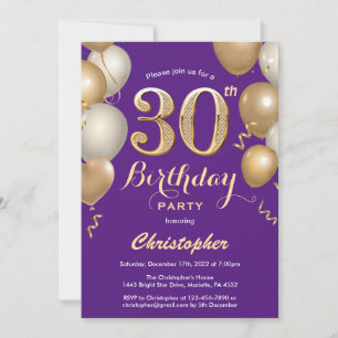 Convites aniversário de 30 anos Purple e Dourado Balões Con