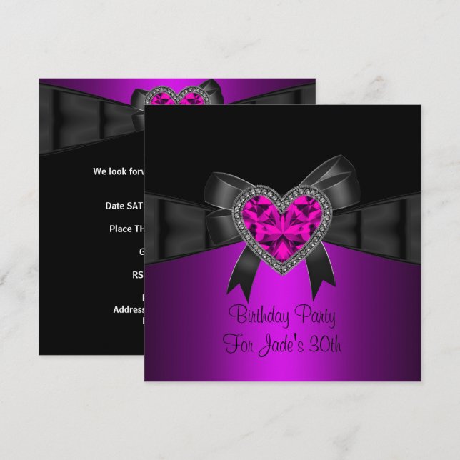 Convites aniversário de 30 anos Purple Heart Jewel Black (Frente/Verso)