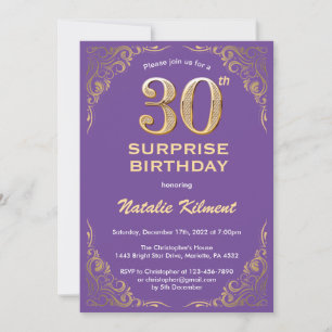 Convites Aniversário de 30 anos púrpura e brilhante Dourado