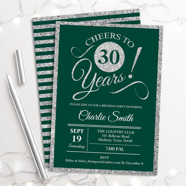 Convites aniversário de 30 anos - QUALQUER Prata Verde da E (Criador carregado)