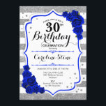 Convites aniversário de 30 anos - Real Blue Silver White St<br><div class="desc">Convite para aniversário de 30 anos. Design elegante em prata brilhante,  branco e azul real. Possui forte de script de na moda,  listras e rosas azuis. Perfeito para uma elegante festa de aniversário de trinta. Pode ser personalizado em qualquer idade.</div>