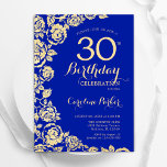 Convites Aniversário de 30 anos Real dos Rosas Dourados Ele<br><div class="desc">Convite de festas Floral Dourado Real Azul. Design elegante com rosas,  folha de ouro falsa e letra de script de tipografia. A Trendy convida o cartão perfeito para uma festa de na moda. Pode ser personalizado para qualquer idade. Impressos convites Zazzle ou modelo de impressão digital instantânea para download.</div>