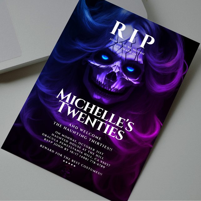 Convites aniversário de 30 anos RIP 200 Lady Skull Pink Pur (30th Birthday RIP Twenties Lady Skull Pink Purple Invitation
)